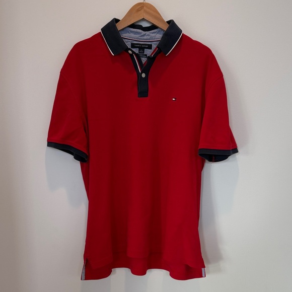 Classic Tommy Hilfiger Bold Red Polo Shirt with Navy Accents | 100% Cotton | L - Picture 3 of 7